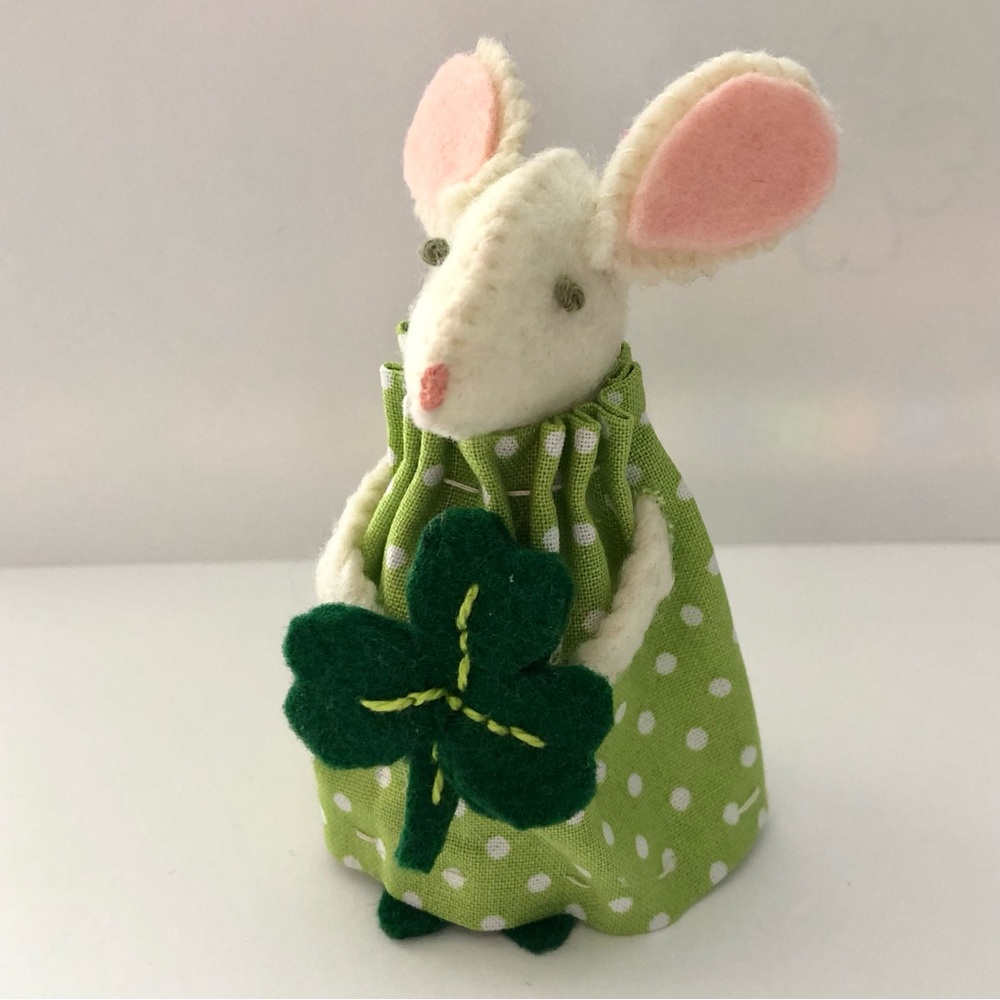 Good luck felt mouse art doll hand-sewn Shamrock clover handmade St. Patrick's